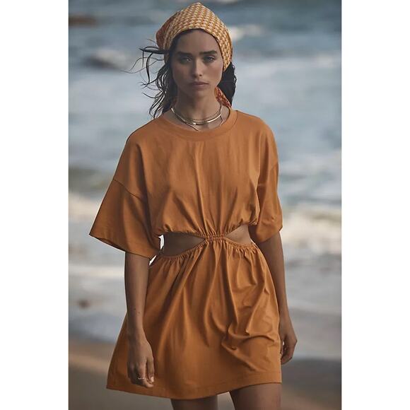Free People Beach Mustard Orange Dandelion Cut Out Mini T-shirt Dress SZ XS - Picture 1 of 12